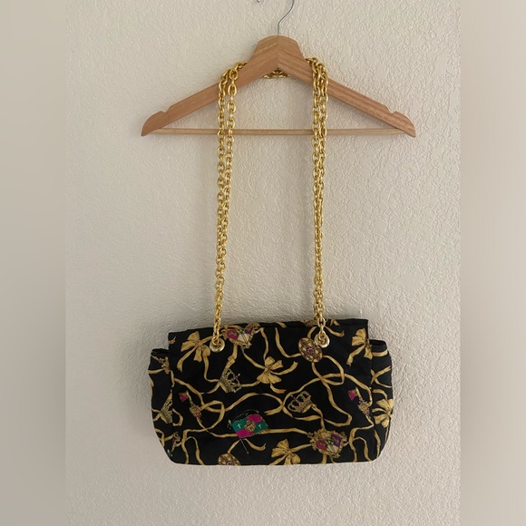 Versace inspired Fabric Tote Shoulder Bag Heavy Gold Chain Handles - Picture 1 of 5